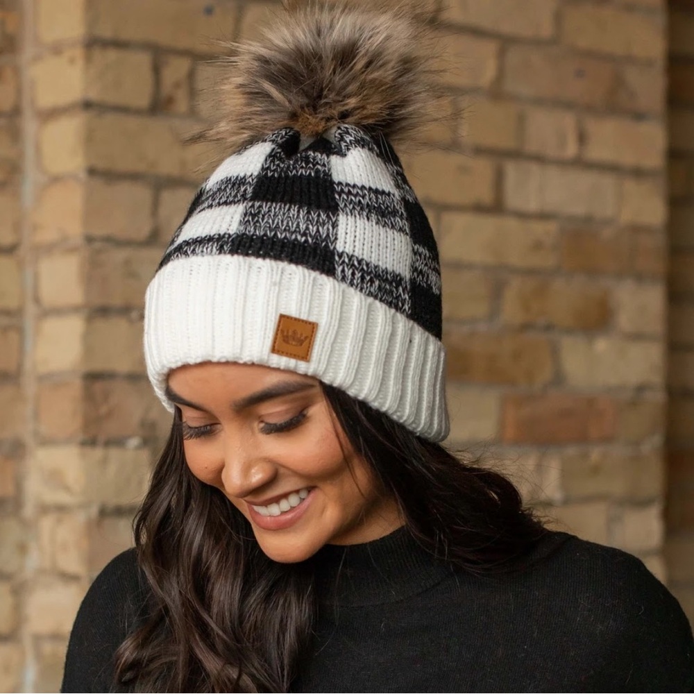 Panache Black and White Plaid Pom Beanie